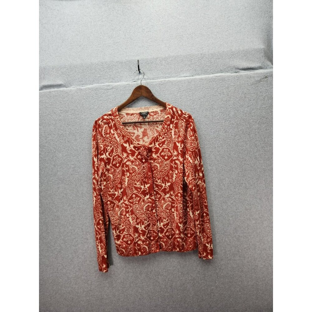 Talbots XL Red & White Floral Pure Italian Merino Wool Button-Up Cardigan Sweate